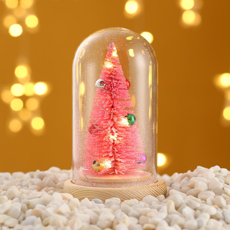 Christmas gift wooden glass cover glowing mini Christmas tree desktop creative small ornament Christmas decoration