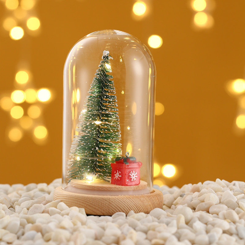 Christmas gift wooden glass cover glowing mini Christmas tree desktop creative small ornament Christmas decoration