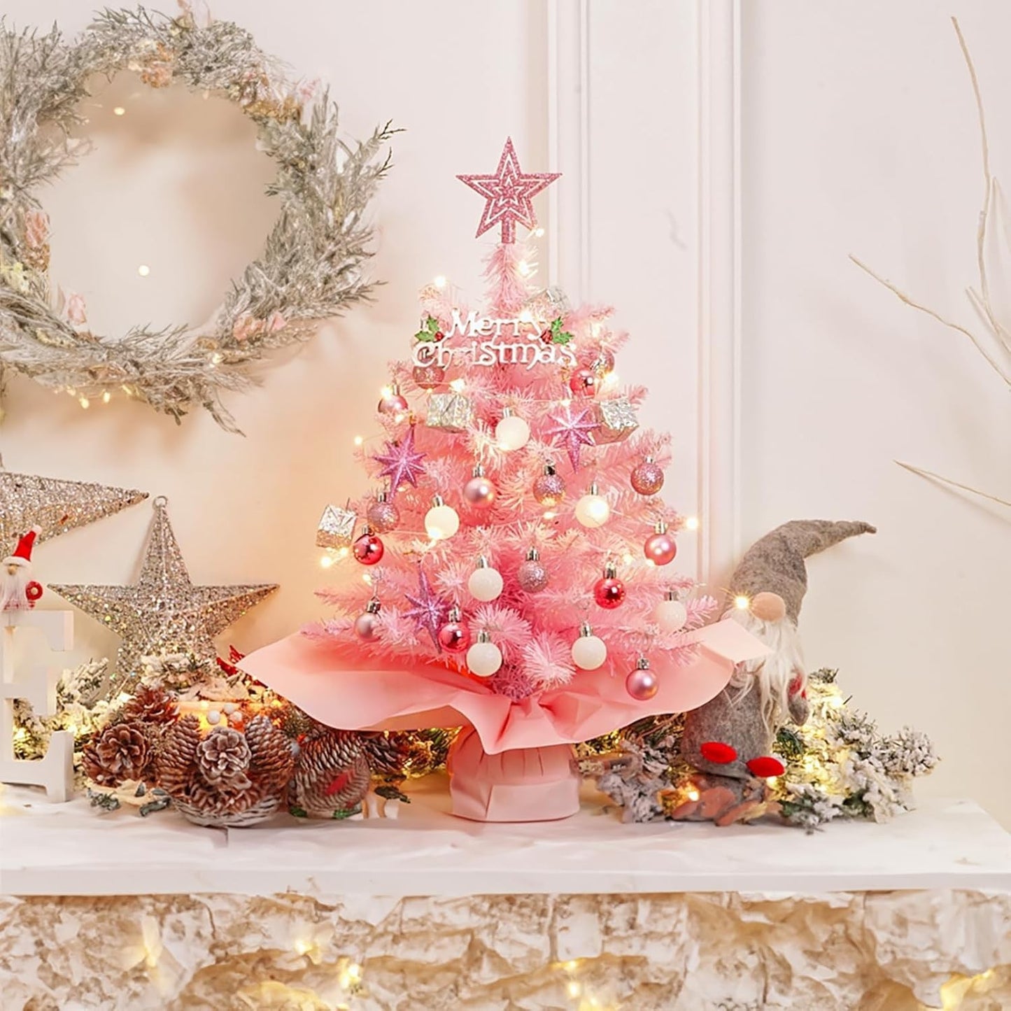 Artificial Small Mini Table Top Christmas Tree With LED Light Ornaments